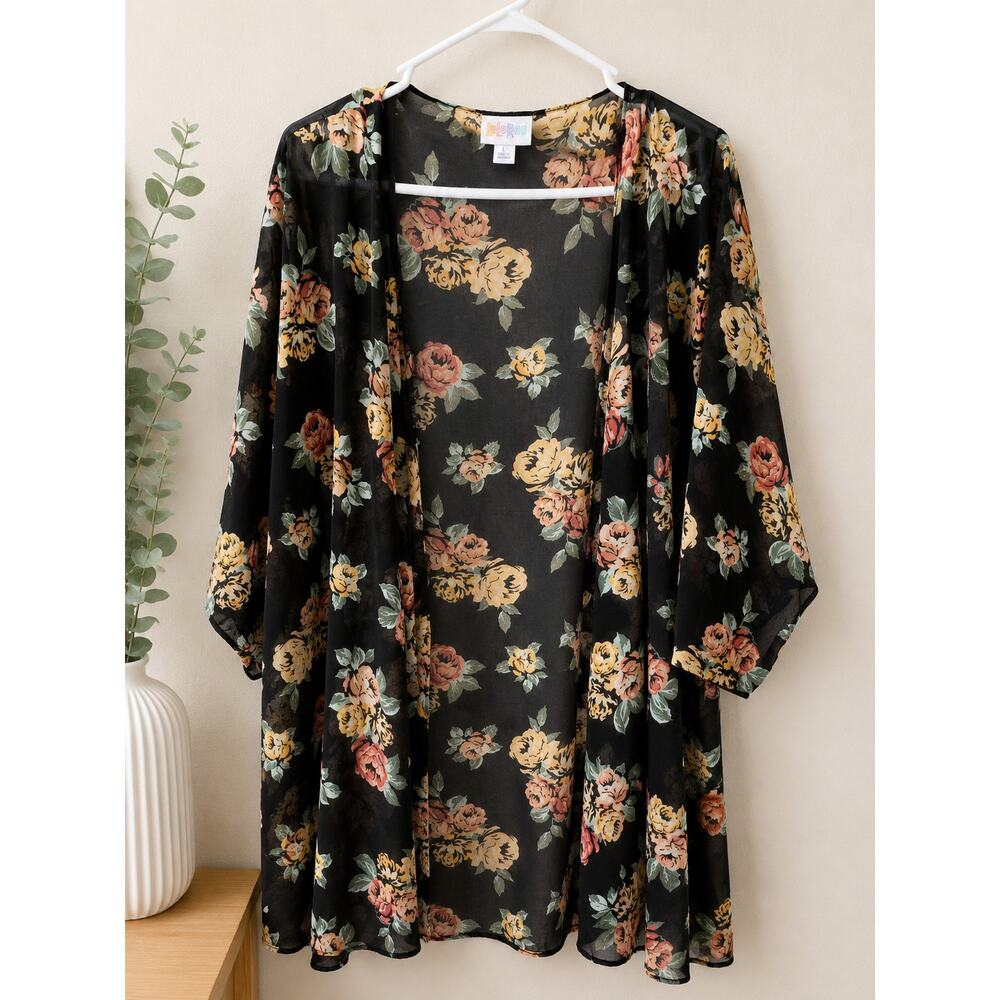 LuLaRoe Floral Sheer Duster Cardigan Black Large